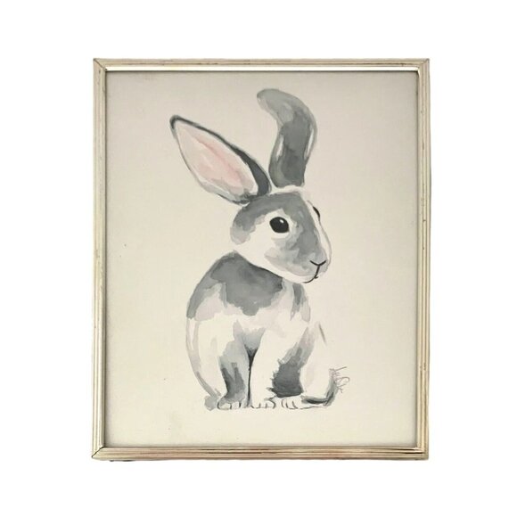Rabbit Bunny Painting Watercolor Original Framed in William Sonoma Metal Frame